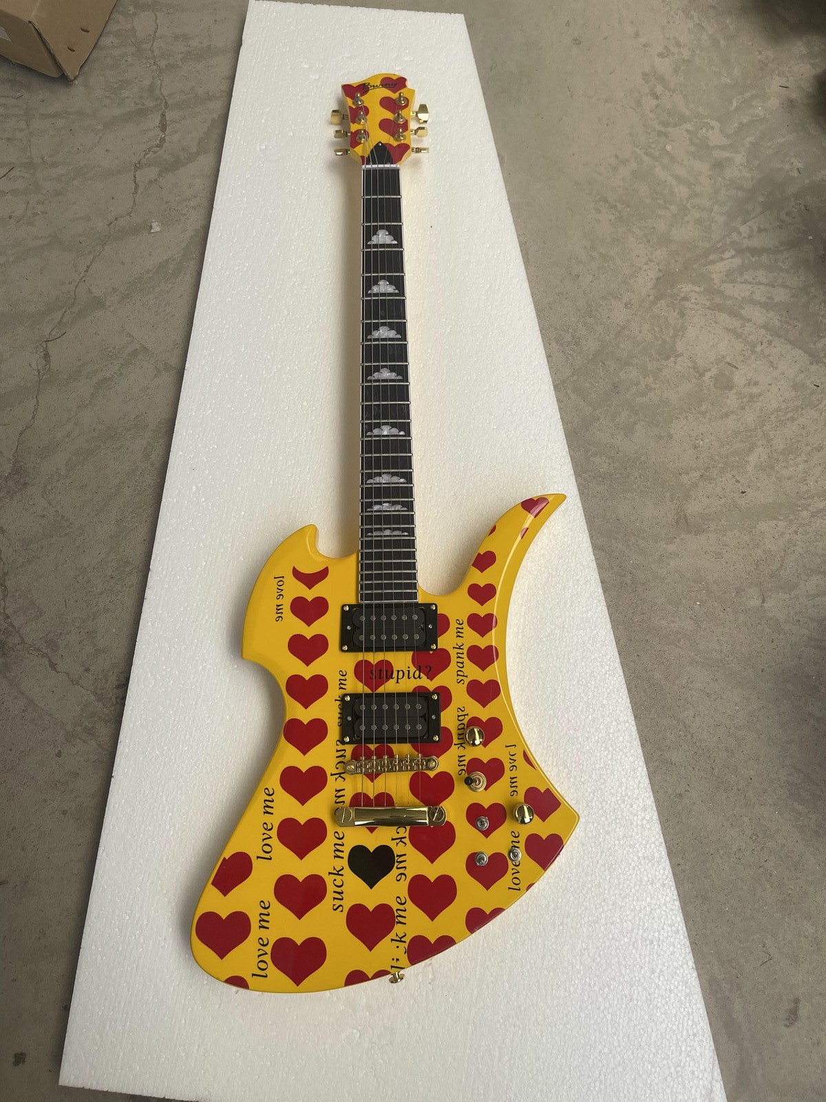 6 String Electric Guitar Yellow Graphic Custom Shape HH Pickup Maple Neck