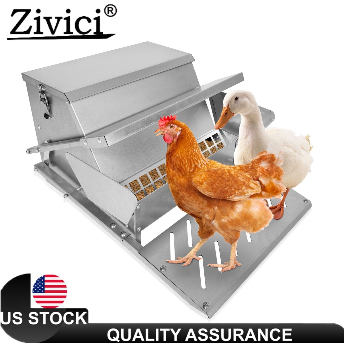 25lbs Capacity Feed Chicken Feeder with Lid & Lock Outdoor Coop Food Dispenser