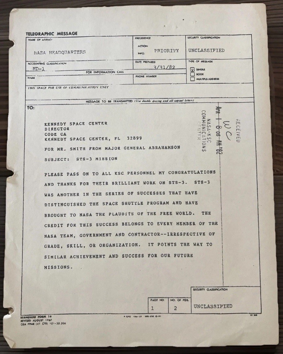 NASA STS-3 1982 Internal Memo Signed Abrahamson Shuttle HQ Telegram