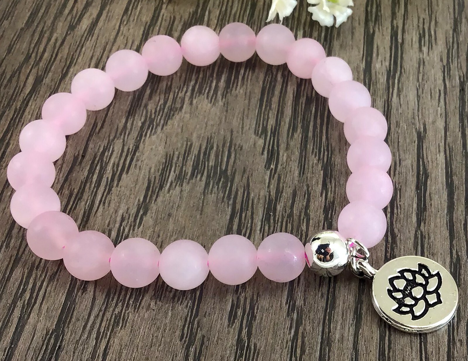 Matte rose quartz beaded bracelet with lotus pendant anxiety relief women gift