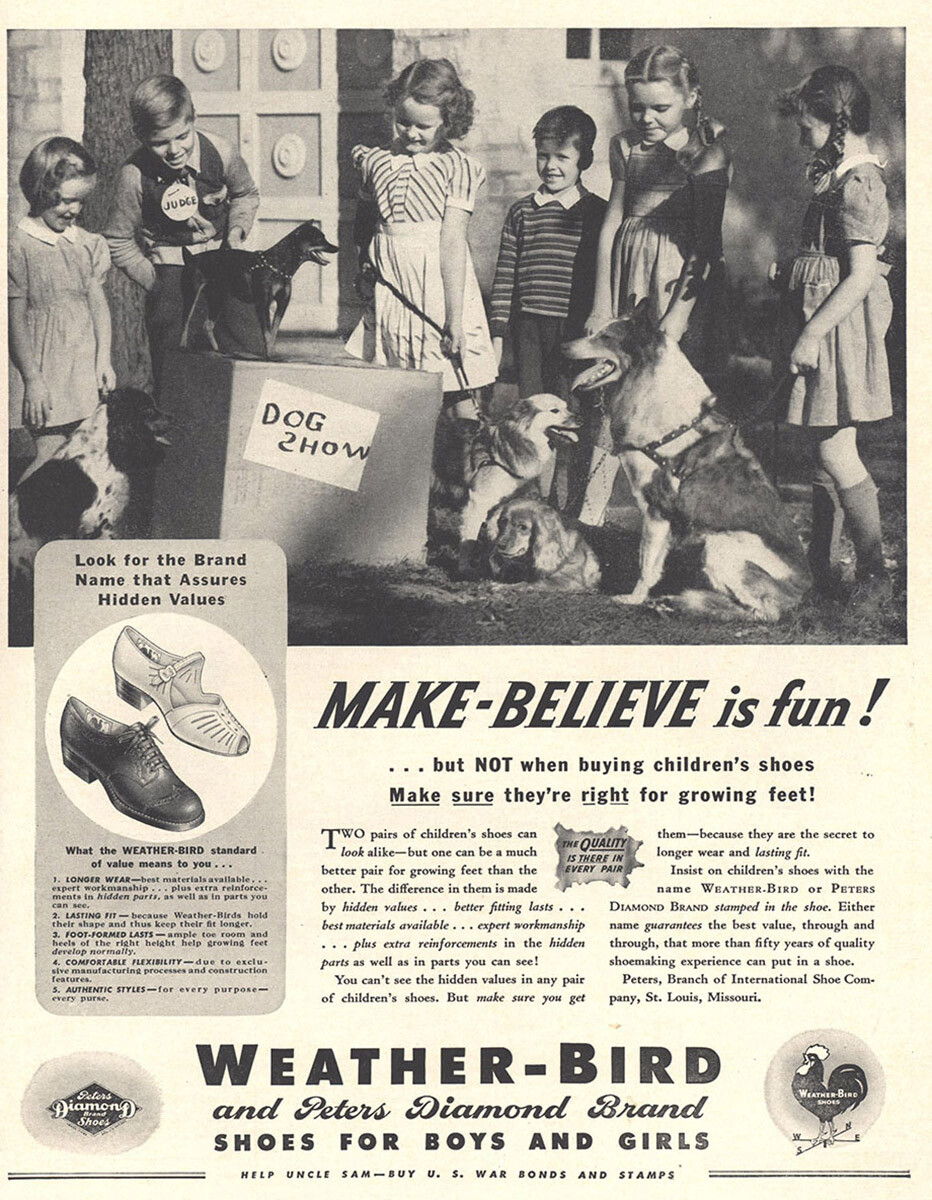 1943 Weather Bird Shoes: Make Believe Is Fun Vintage Print Ad
