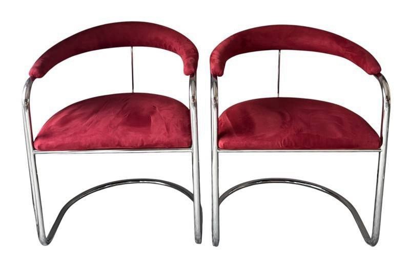 Rare Pair of Vintage Thonet Anton Lorenz Cantilevered Chrome Armchairs. Red Velv