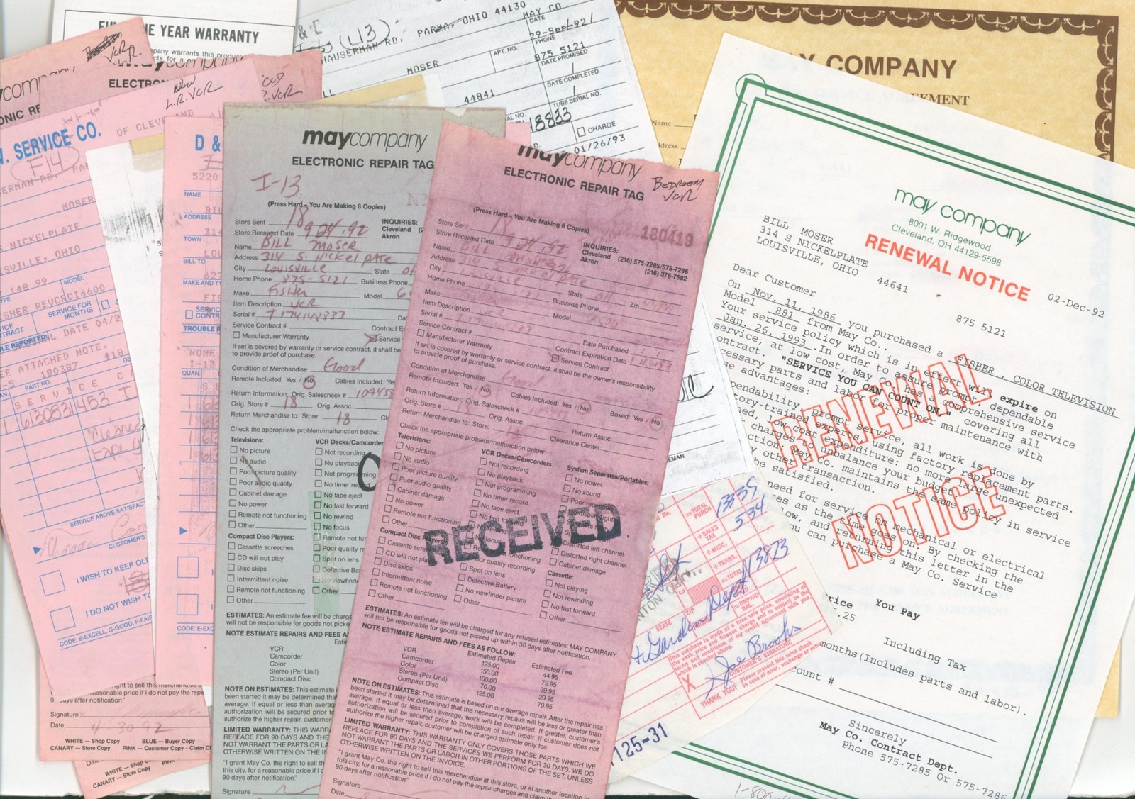 c1992 May Company Electronics Repair Tags Receipts TV VCR Cleveland OH Store Lot