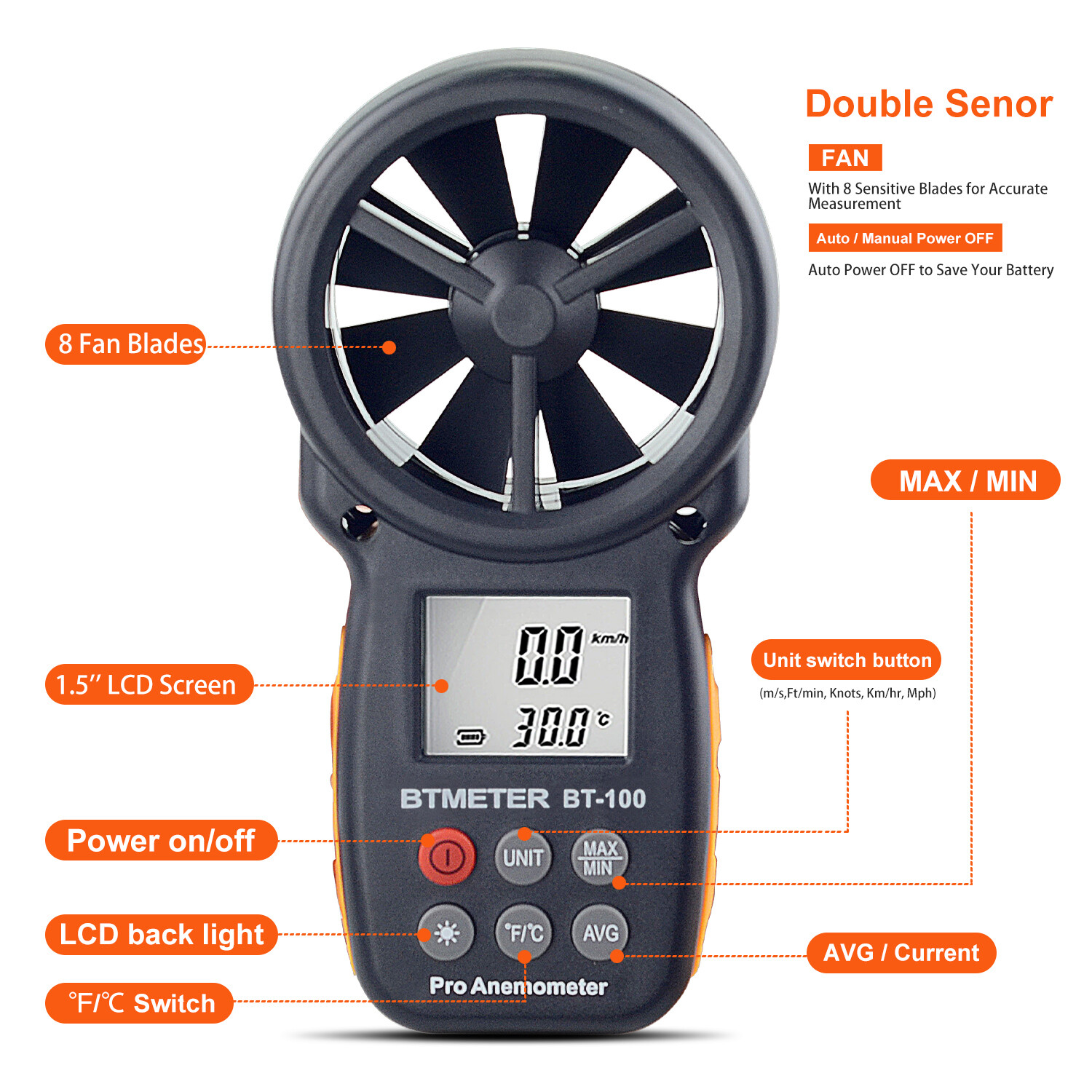 Bluetooth Anemometer Handheld Wireless Anemometer Wind Speed Meter 0.3~30m/s