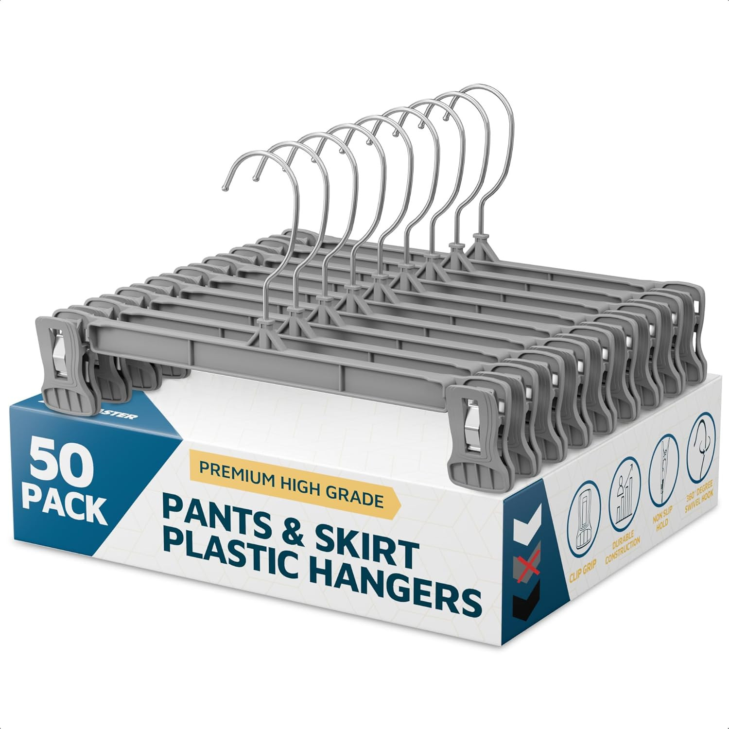 Pants Hangers with Clips Pack of 50, 12-Inch Heavy-Duty Clothes Hangers with Non