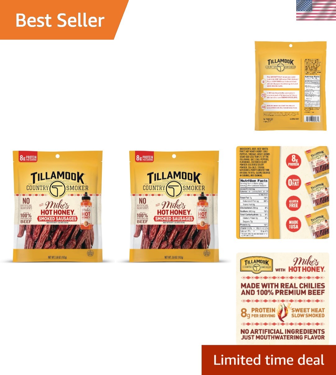 100%  Beef Smoked Sausage, Mike's Hot Honey, 3.6 Ounce, Real Hardwood Smoked ...