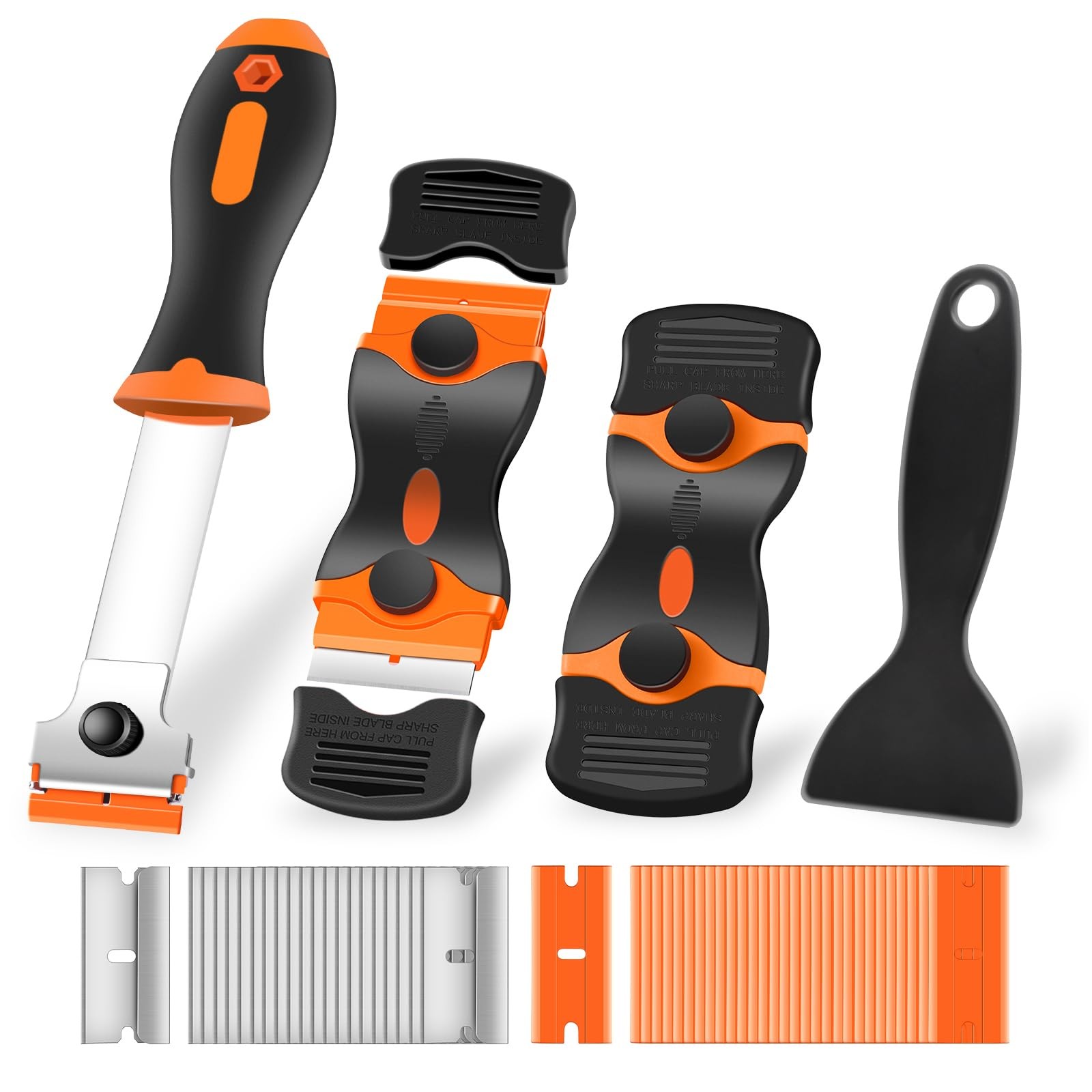 NECAMOCU 4 Pack Razor Blade Scraper, Premium Cleaning Pocket Size, Orange