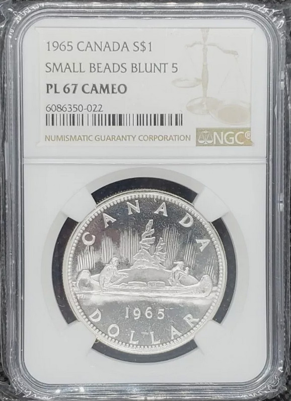 :1965 S1$ DOLLAR ELIZABETH-II CANADA NGC PL67 CAMEO R6 SMALL BEADS BLUNT 5 VAR 2