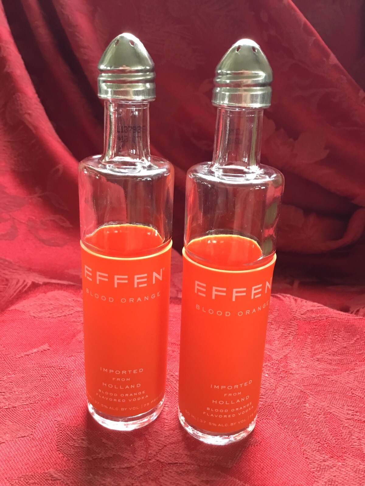 2 EFFEN BLOOD ORANGE Vodka Mini Liquor 50ml Bottles UpCycled SALT PEPPER Shakers