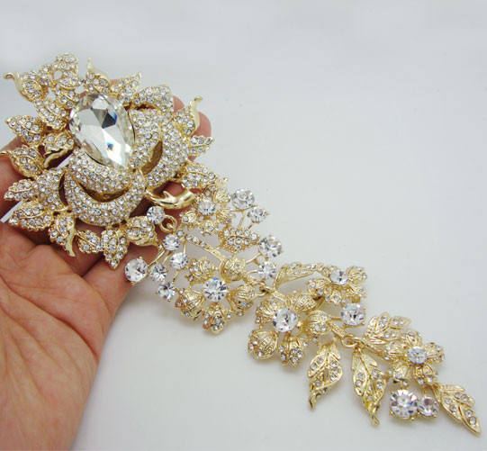 8.11" Luxury Bride Brooch Rose Flower Leaf Many Rhinestone Crystal Brooch Pin