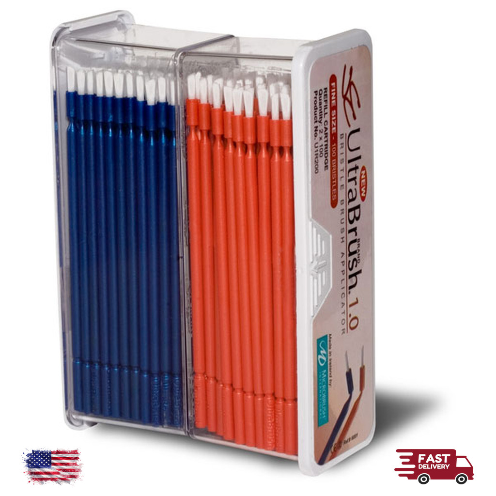 Fine Bristle Brush Applicator Refill Regular Tip 200 Pack Dental Orange Blue