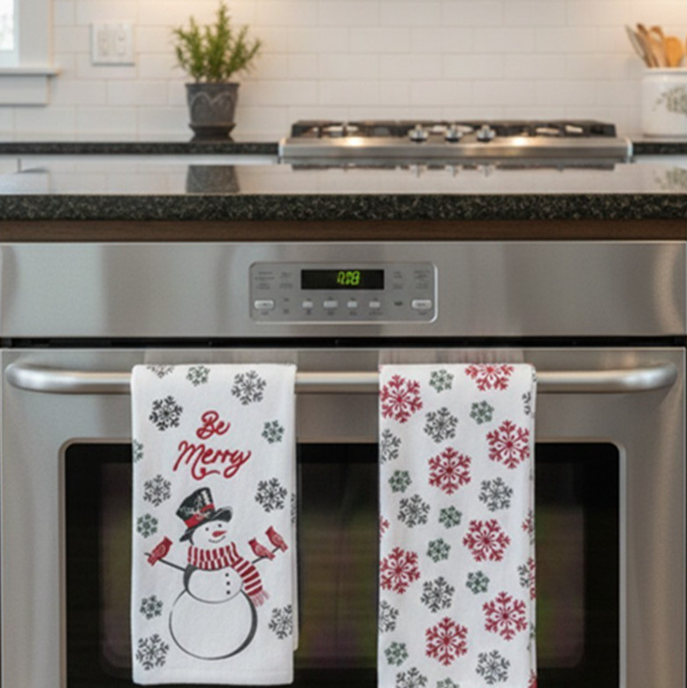 SET OF 2 "Be Merry" White Snowman / Snowflakes Kitchen Towel 100% COTTON 15"x25"