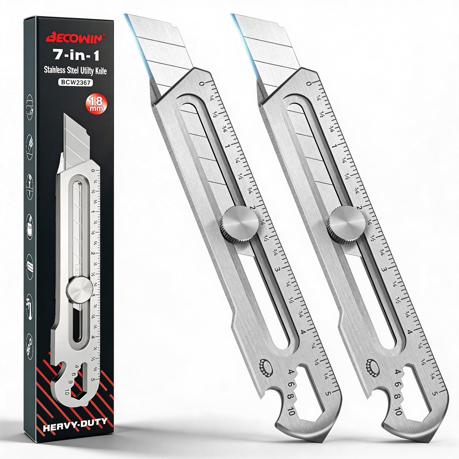 2 Pack 7in1 Retractable Stainless Steel Utility Knife Heavy Duty Box Cutter With