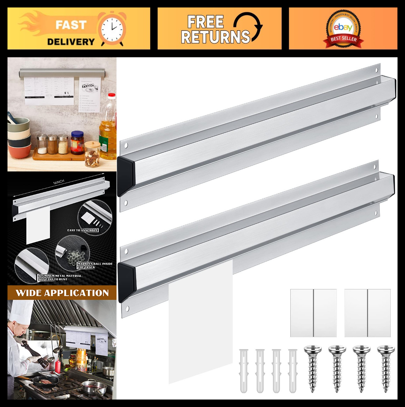 2 Pack 16" Aluminum Restaurant Ticket Holder - Receipt & Order Rack for Kitchen,