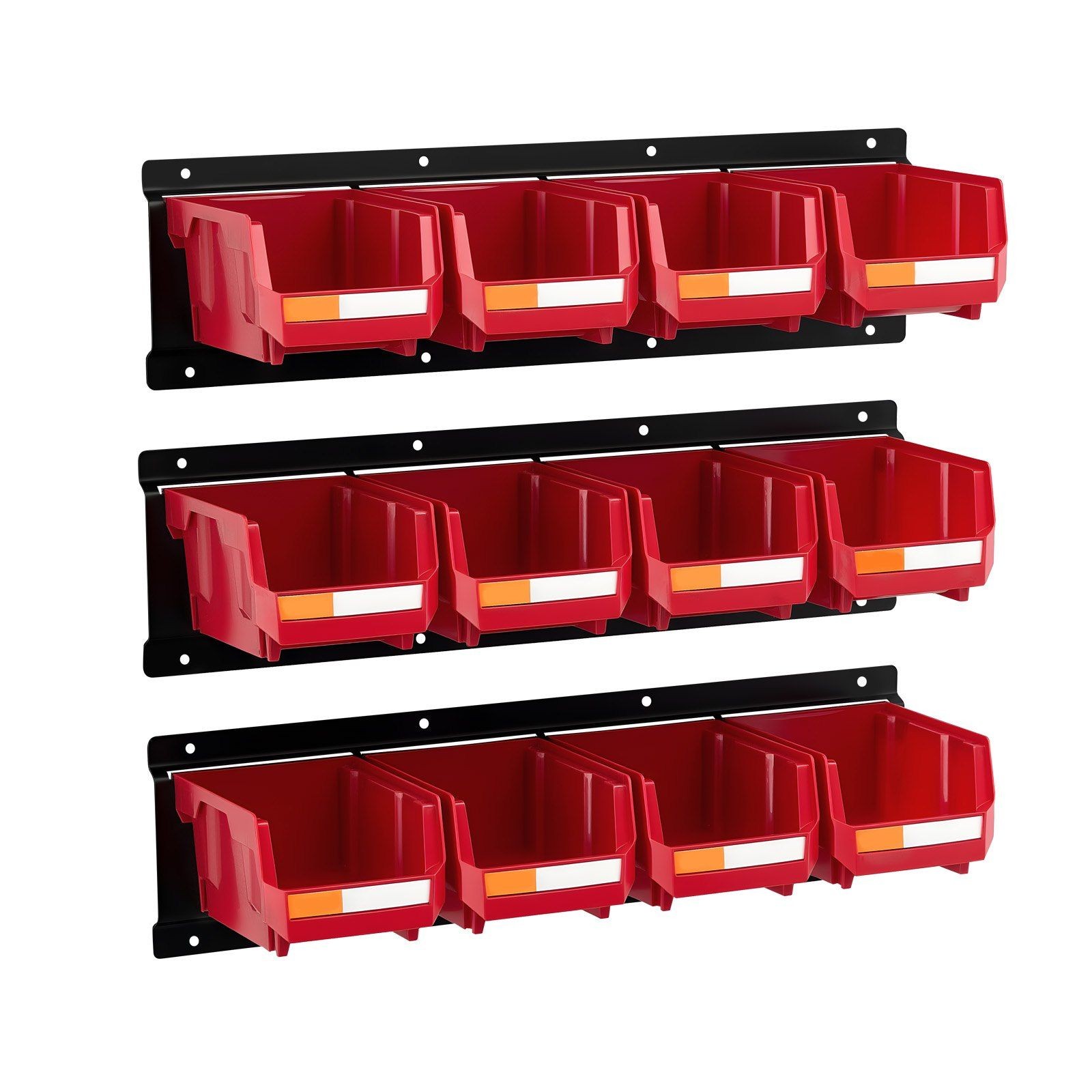 Plastic Storage Rack 12 Bin 3 Rail Wall Hanging Stackable Red