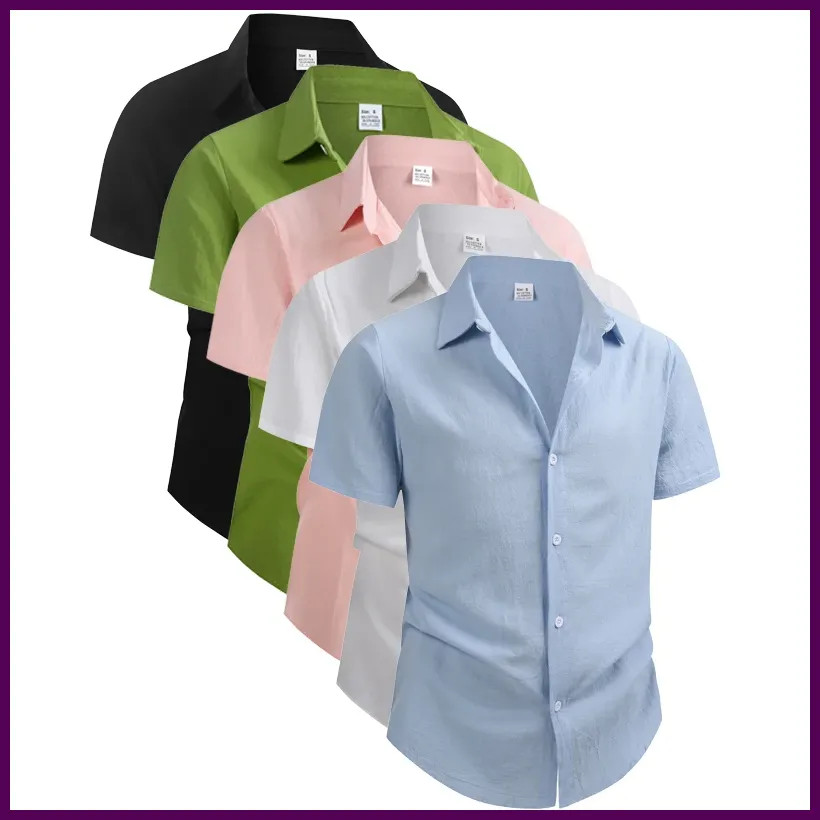 100% Linen Cotton Shirt Men Summer Short Sleeve Casual Fashion Tops 2026