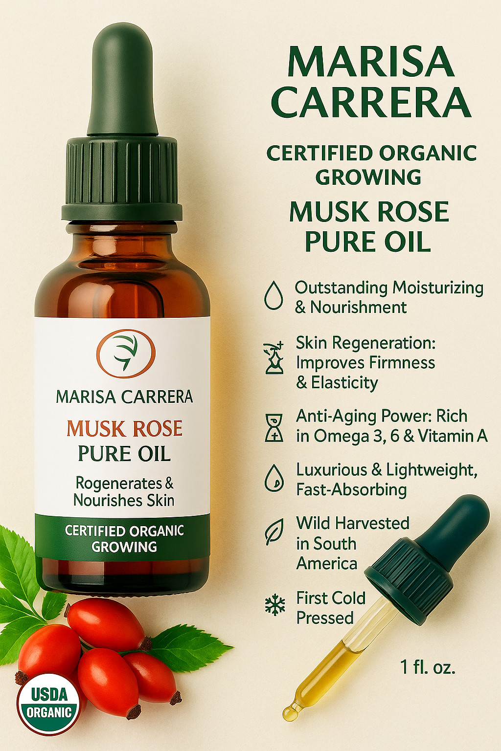 Rose Musk Oil-Aceite de Rosa Mosqueta Marisa Carrera 30 ml/1fl.oz Organic Grow