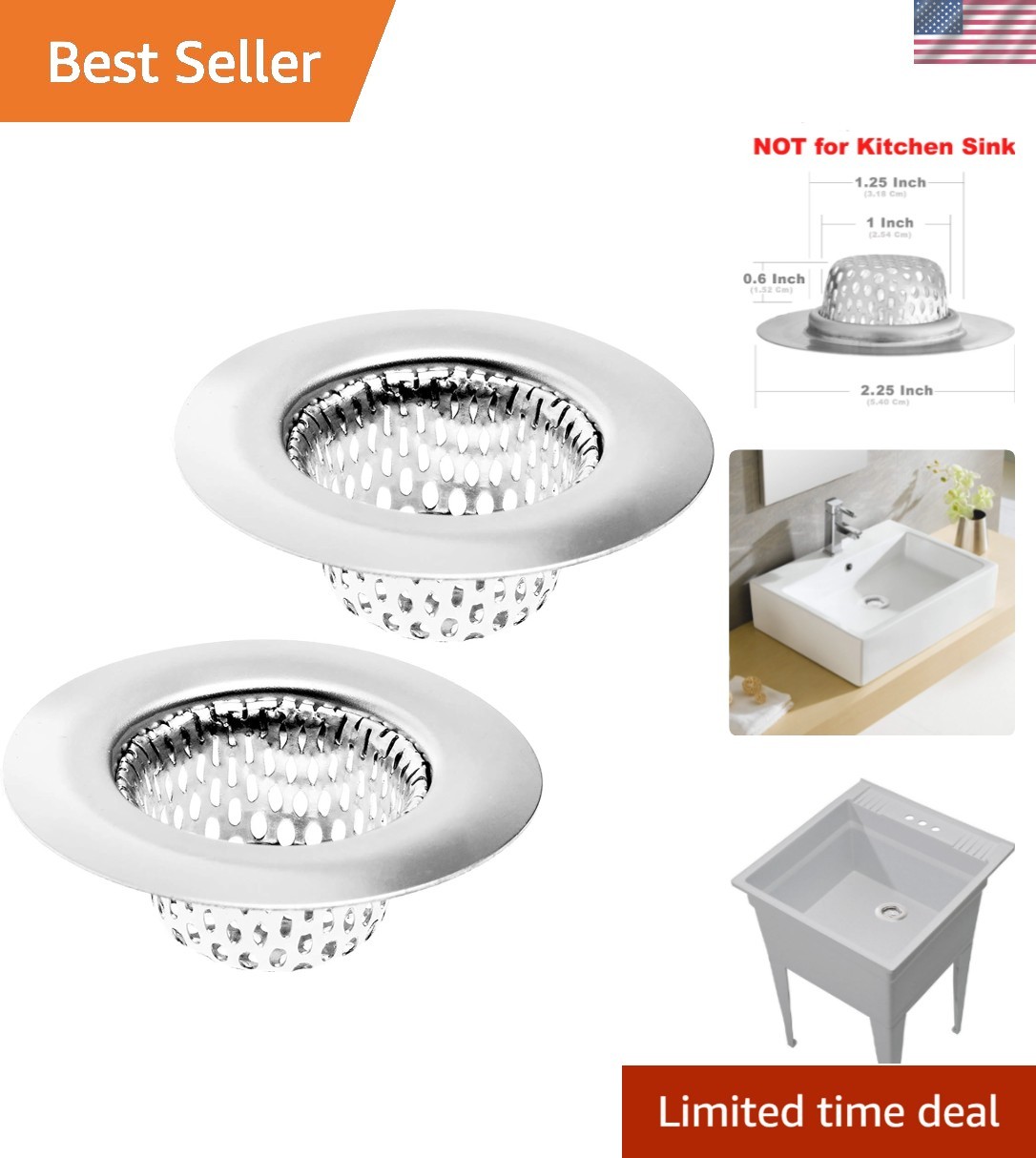 Rust-Resistant Stainless Steel Sink Strainer Set - 2.25" Top, 1" Basket, 2 Pack