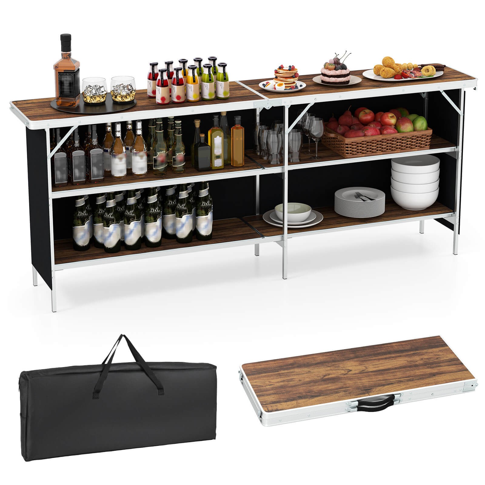 Portable Bar Table Folding Camping Table w/ Aluminum Alloy Frame 2-Tier Shelves
