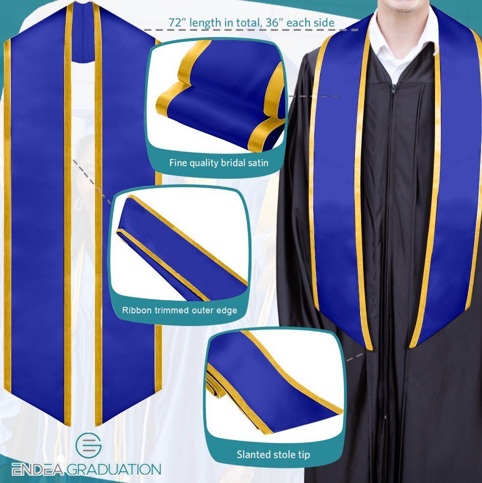Endea Graduation Royal Blue/Gold Plain Graduation Stole With Trim Color