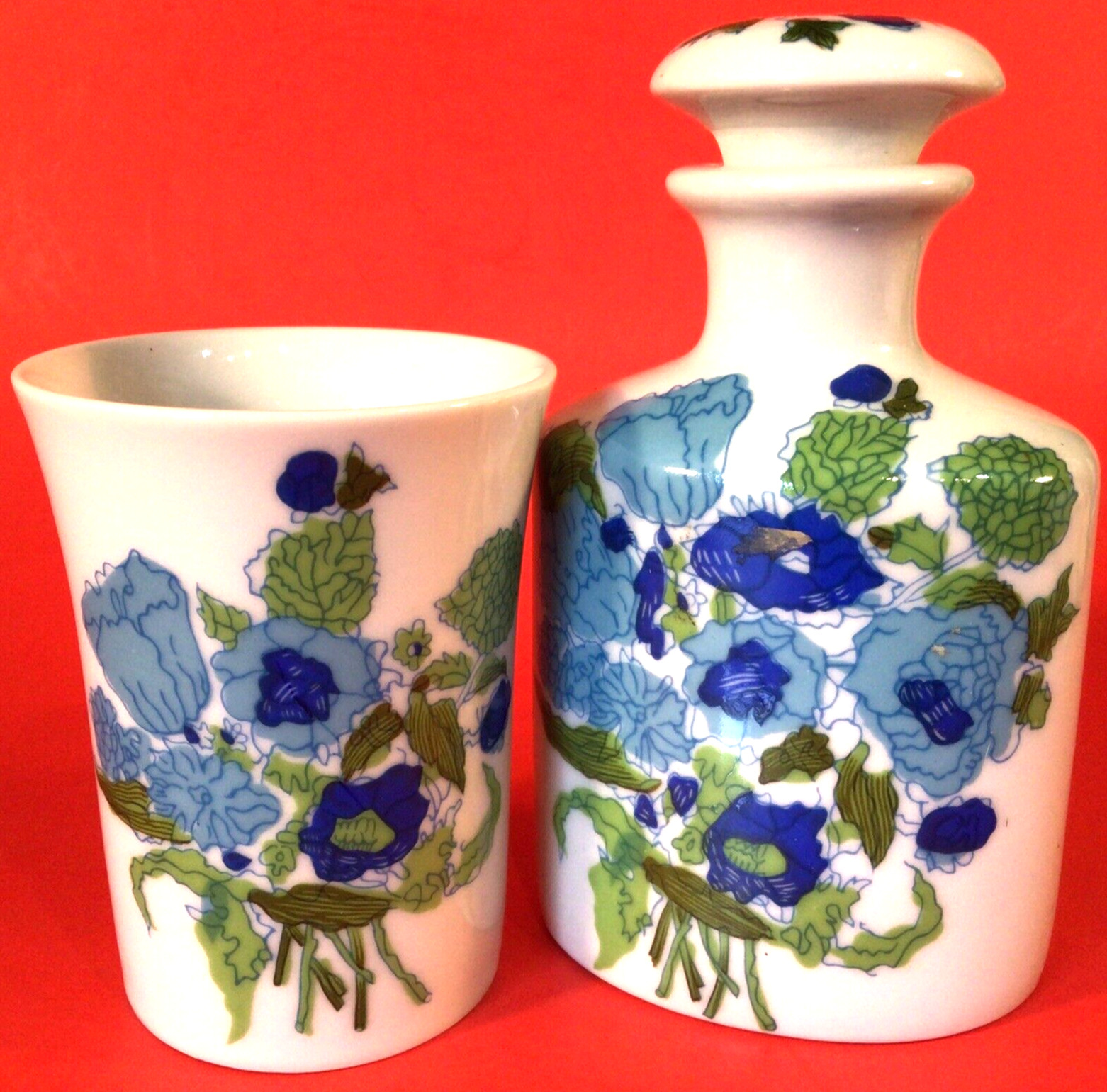 Porcelain Bathroom Set Seymour Mann  Blue Floral Bottle and Cup