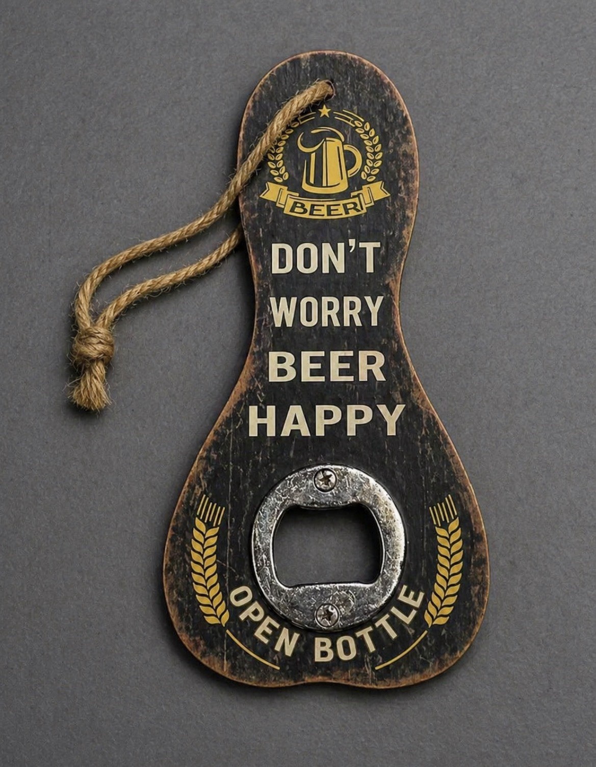 Don’t Worry Beer Happy Wooden Bottle Opener Wall Mount Rustic Bar Decor