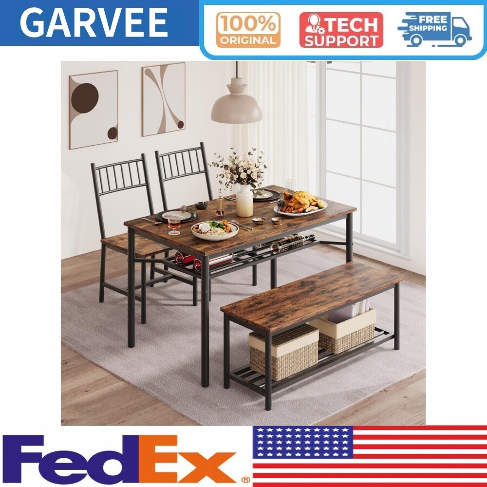 Dining Table Set for 4 Kitchen Table and 2 Chairs with Storage Bench Wine Rack