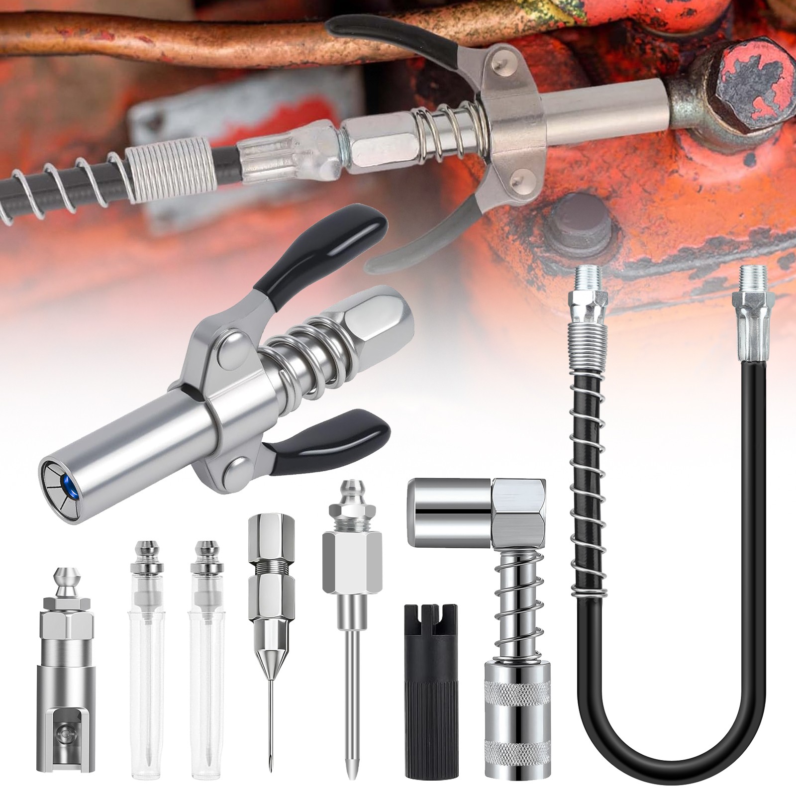 12" Grease Gun Hose w/ 90° Coupler Adapter Needle Nozzles & Zerk Cleaner Fitting
