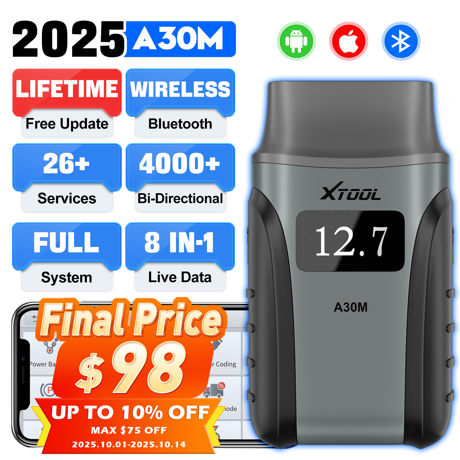 XTOOL A30M Car Bidirectional Scan Tool Diagnostic Scanner Code Reader 26+ Resets