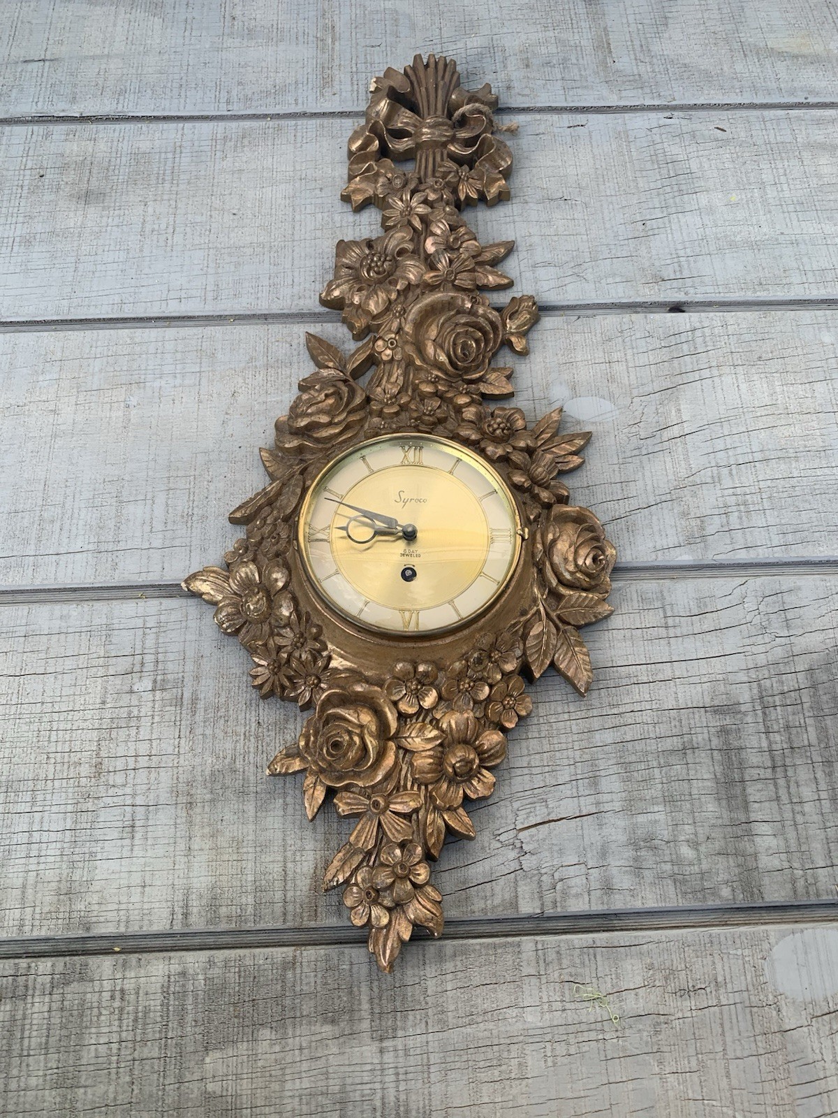 Vintage Syroco Wood Gilded Floral Wall Clock 8 Day Jeweled Classic Rococo 1960s
