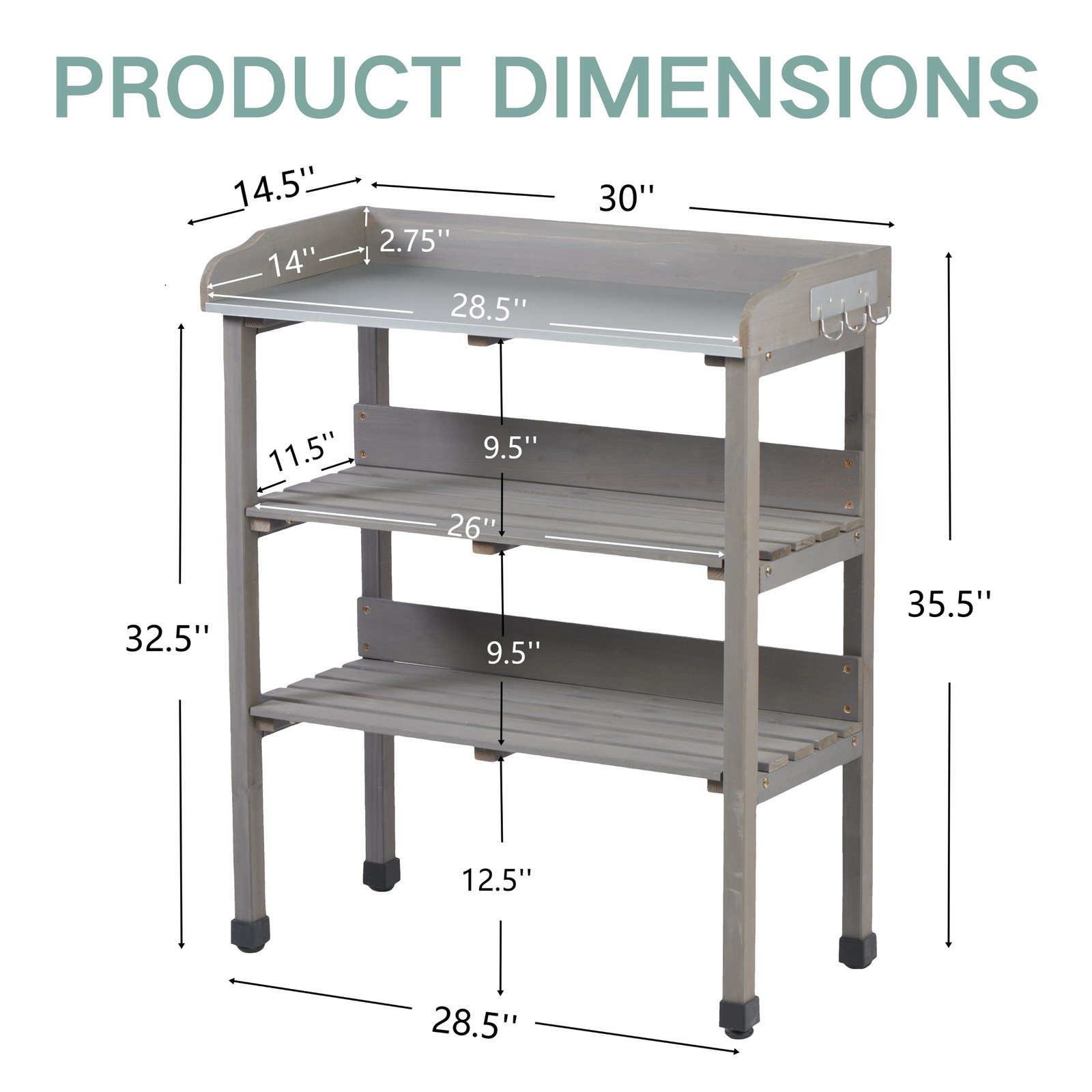 Potting Table with Metal Top, 3-Tier Solid Wood Workbench, 30.5" L