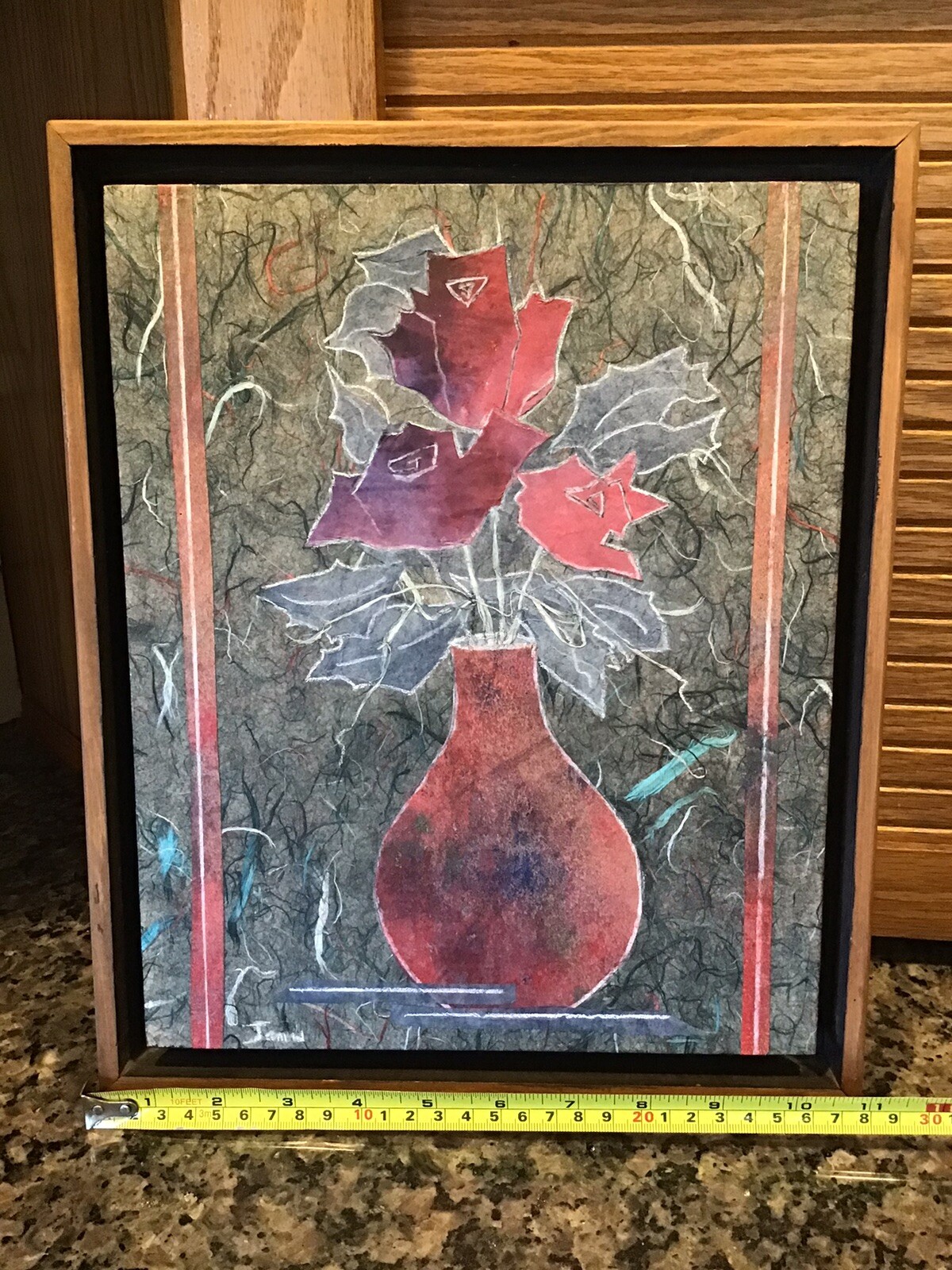 Japanese Handmade Paper Mixed Media Collage Art 3 Roses By JEAN JAMES Shadowbox
