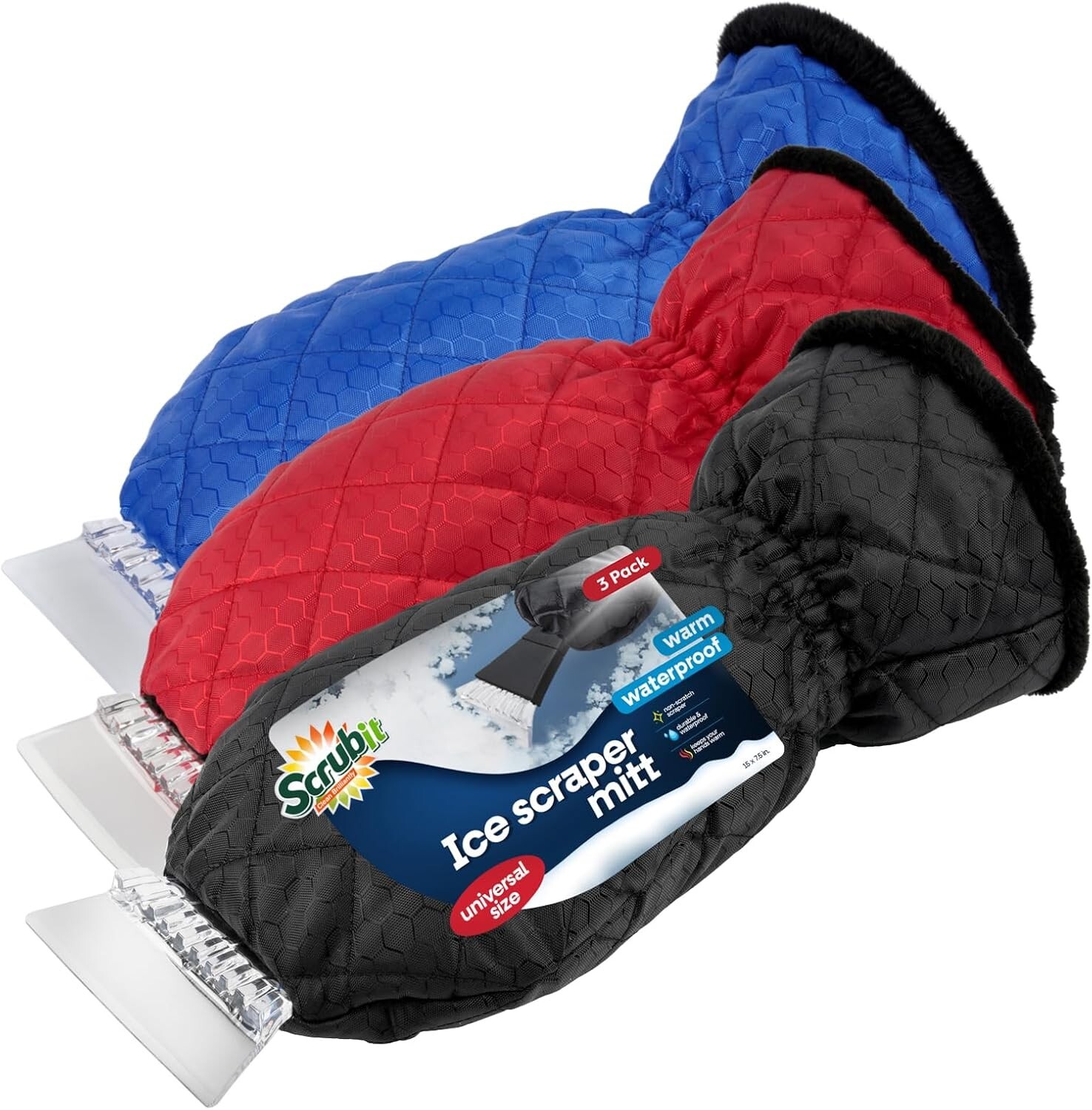 SCRUBIT Ice Scraper with Glove (3x Pack) Car Windshield Scraper for Ice and Snow