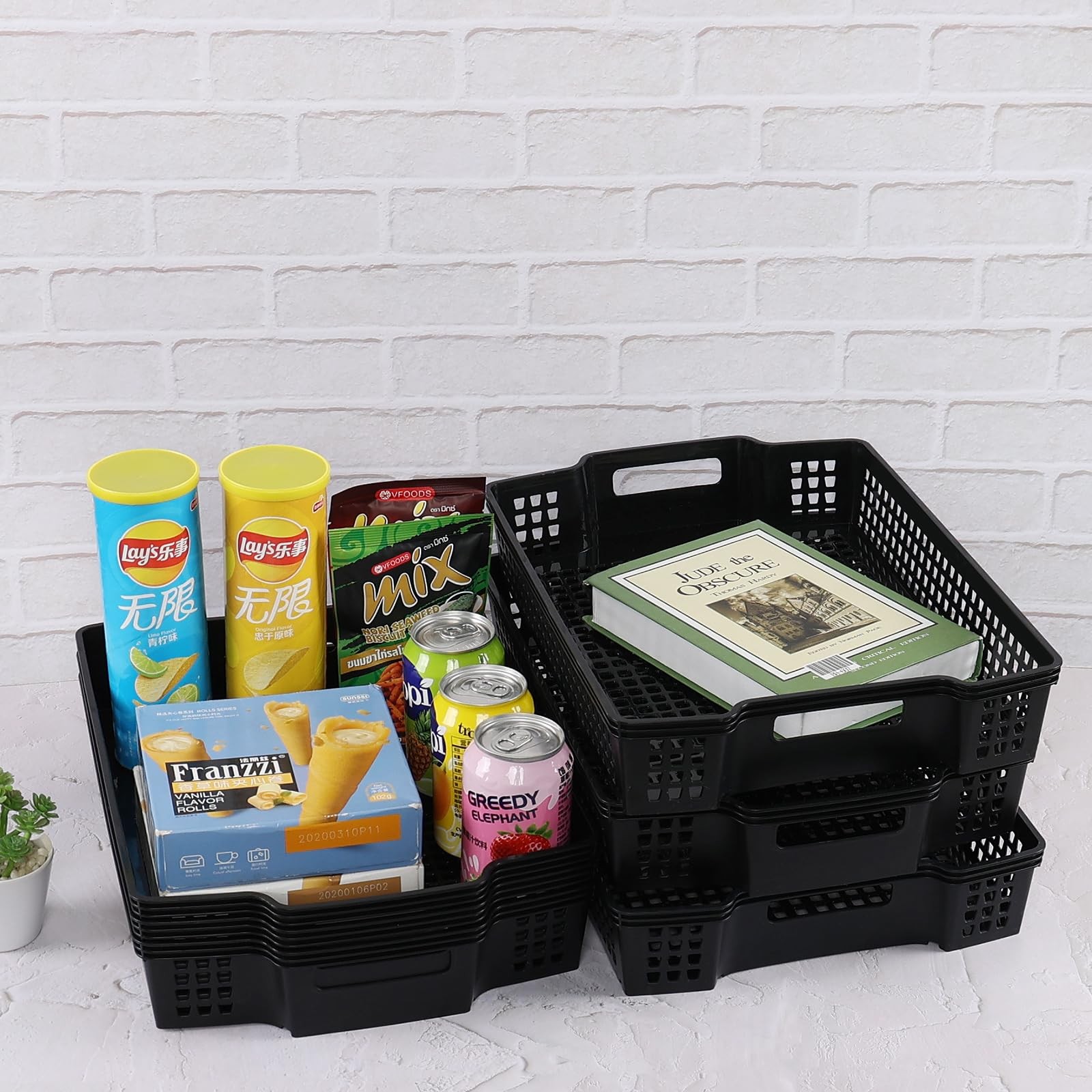 6 PCS Plastic Stacking Storage Baskets Paper Storage Basket Tray Black