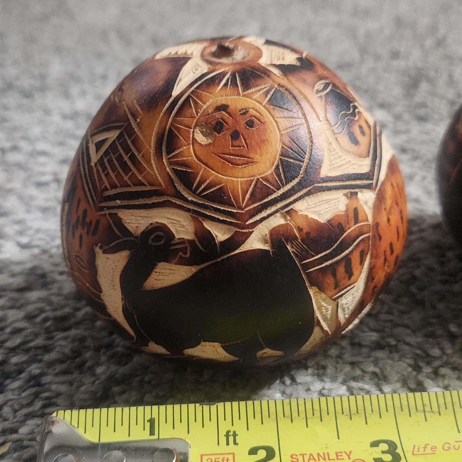 3 Peruvian Hand-Carved Gourds Owls Folk Art