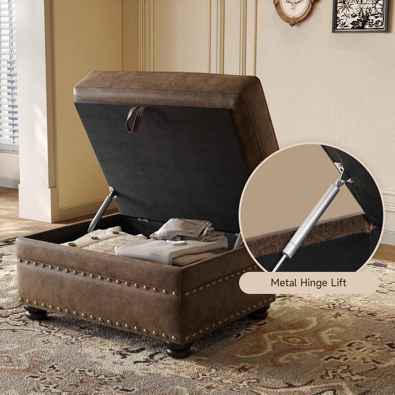 Faux Leather Ottoman with Storage, Rectangle Ottoman Coffee Table with Nailhead