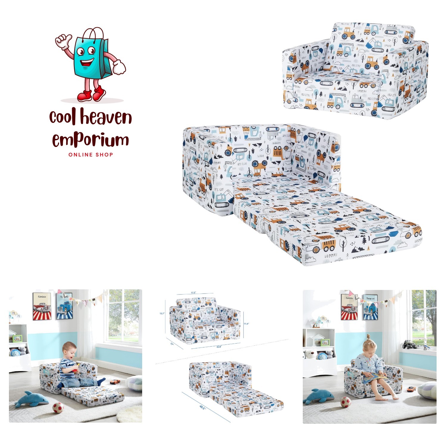 Kids Sofa Couch, Children Flip-Out Chair 2-in-1 Toddler Chairs Convertible So...