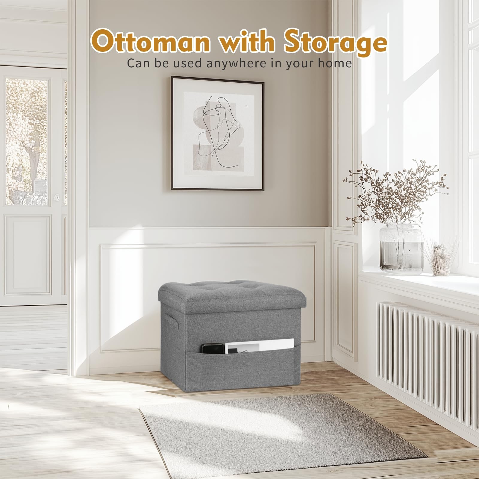 Storage Ottoman Foot Rest Folding Linen Stool Bench Gray 17x13x13 Inch Padded