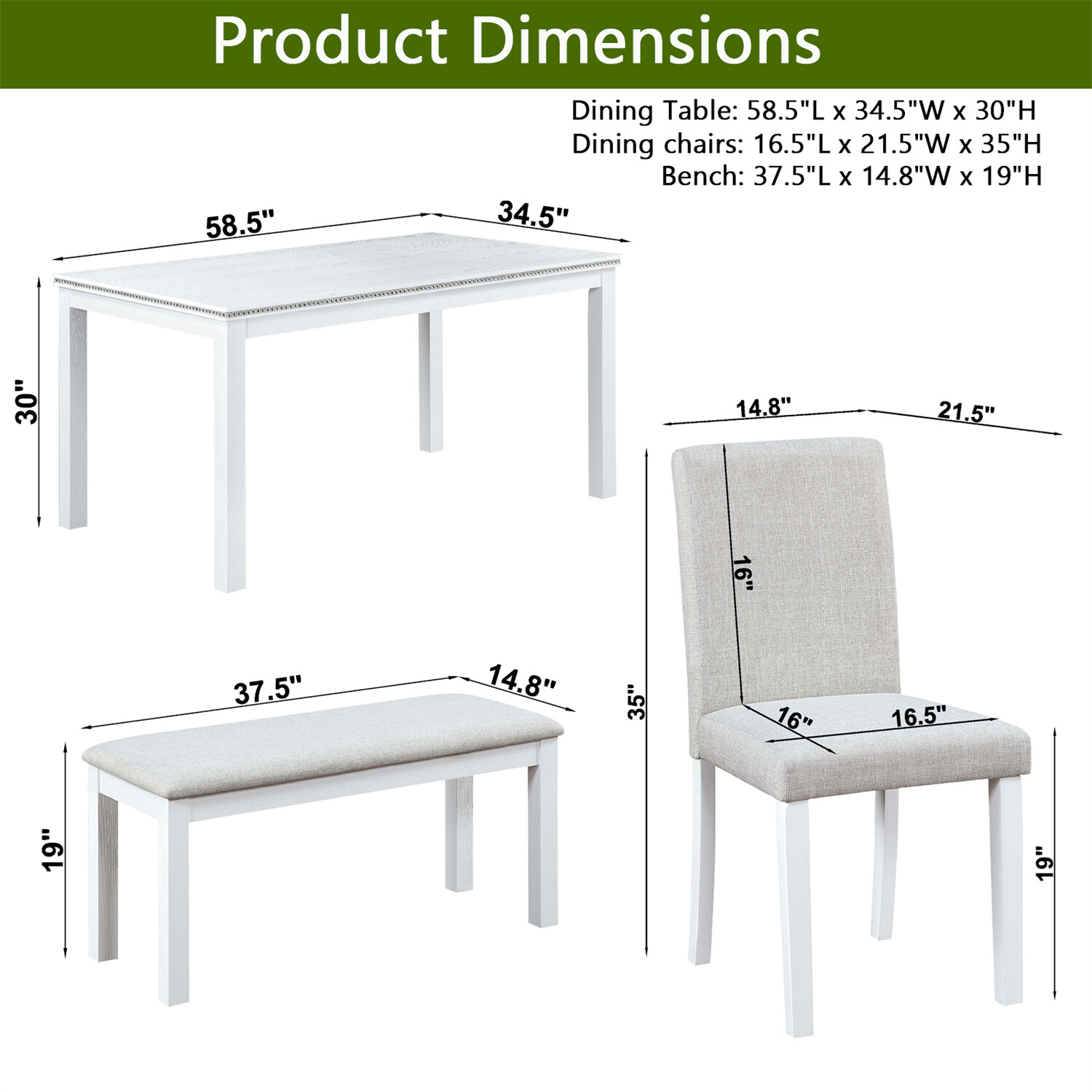 6 Piece Dining Table Set Kitchen Table Wooden Dining Table with 4 Chairs & Bench