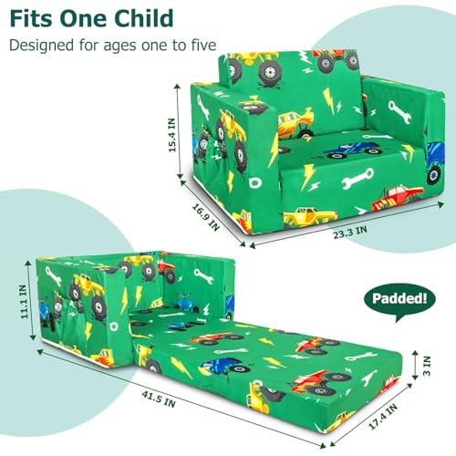 Kids Couch, 2-in-1 Kids Fold Out Sofa, Convertible Toddler Green Monster Trunk