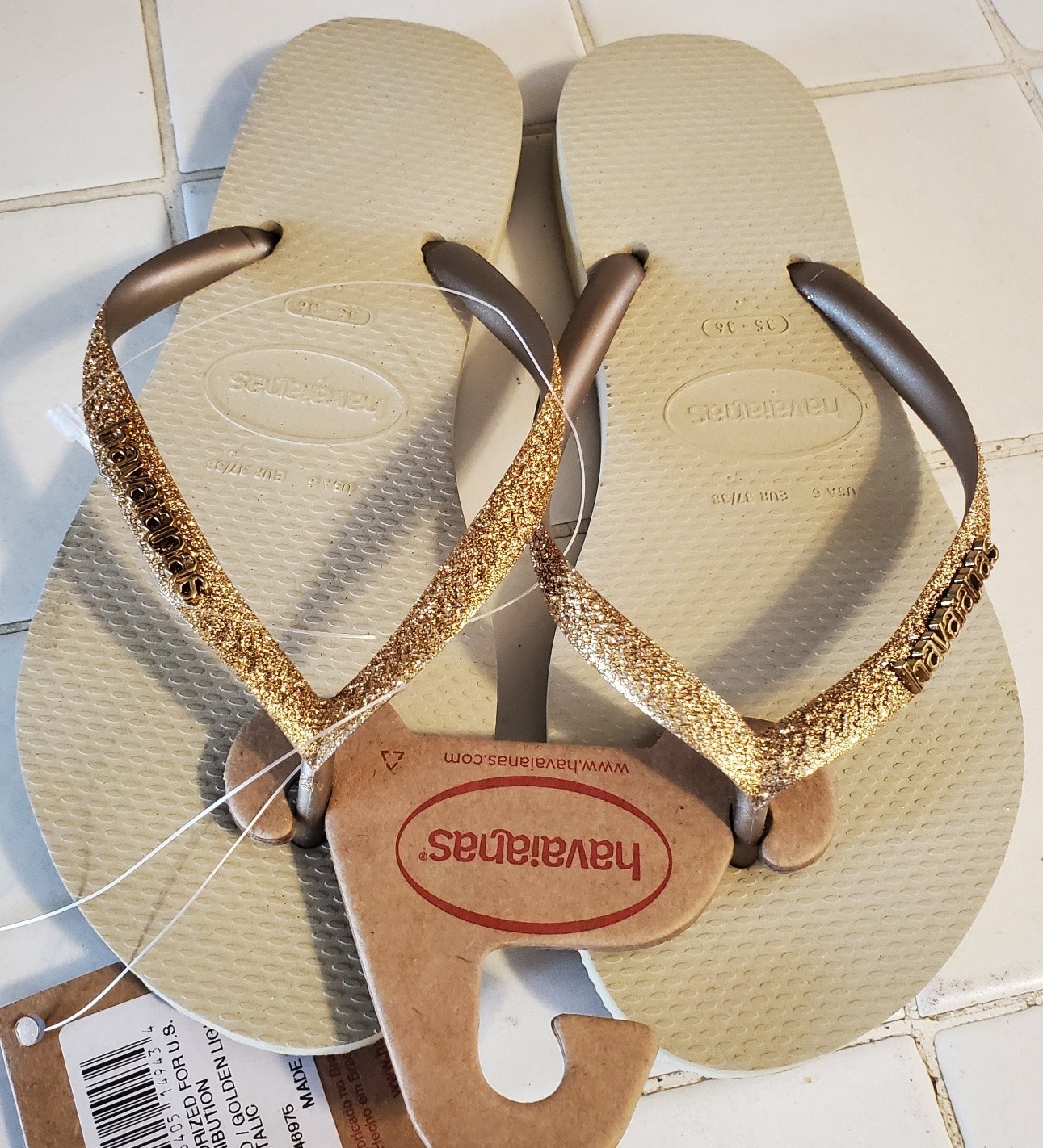 HAVAIANAS Slim II Womens Size 6 Sand GOLD Glitter Flip-Flop Sandals Size 35-36