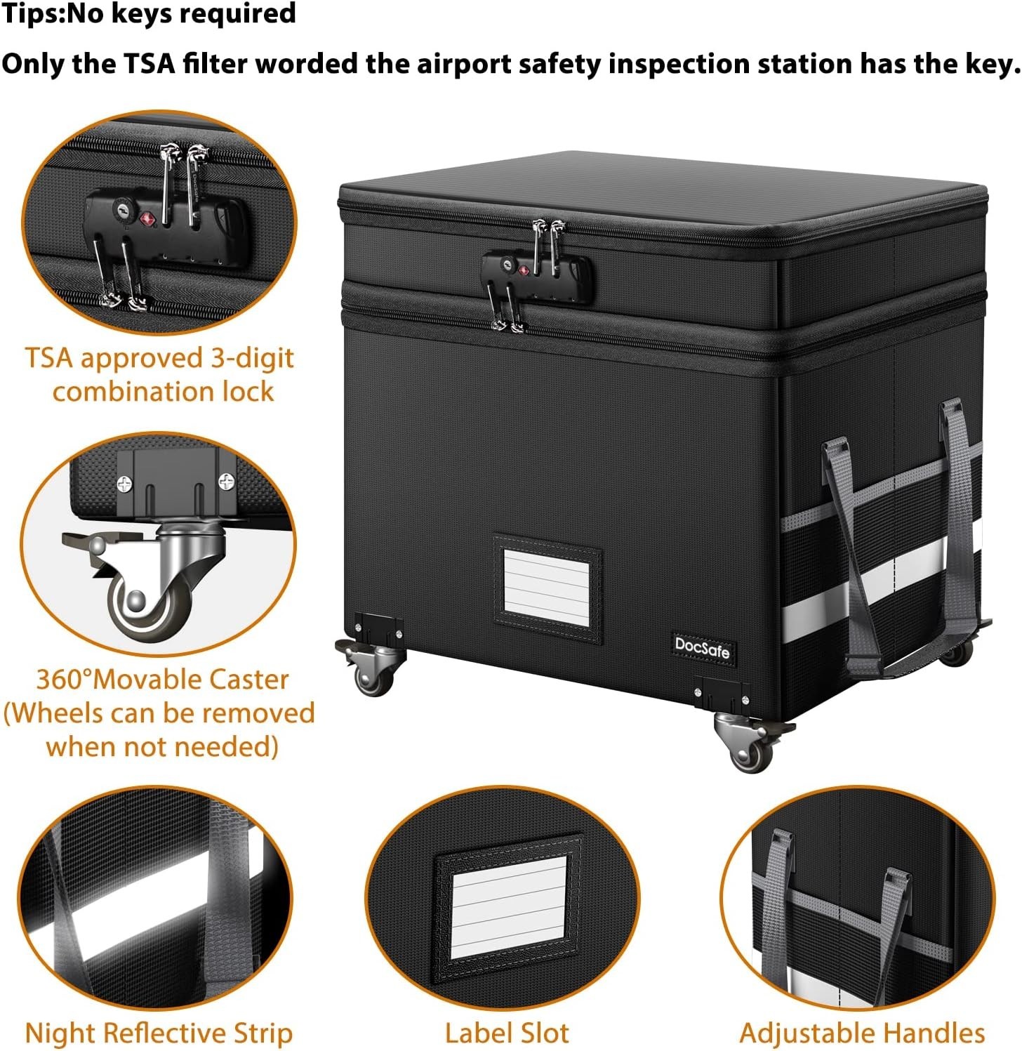 Collapsible Fireproof File Box with Lock and Wheels - Secure Document Storage