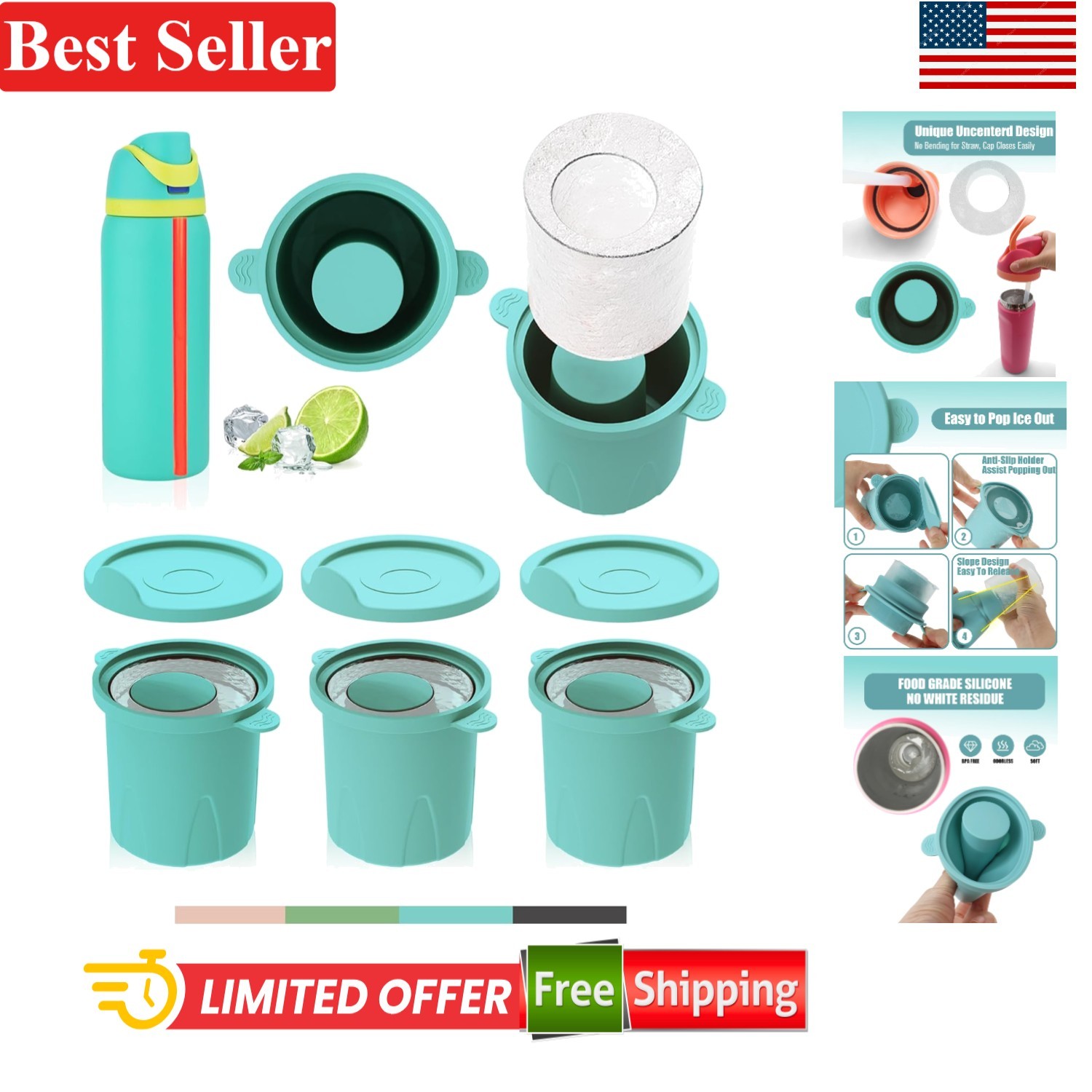 Light Blue Silicone Ice Molds, Perfect for Owala FreeSip Tumblers - Set of 3