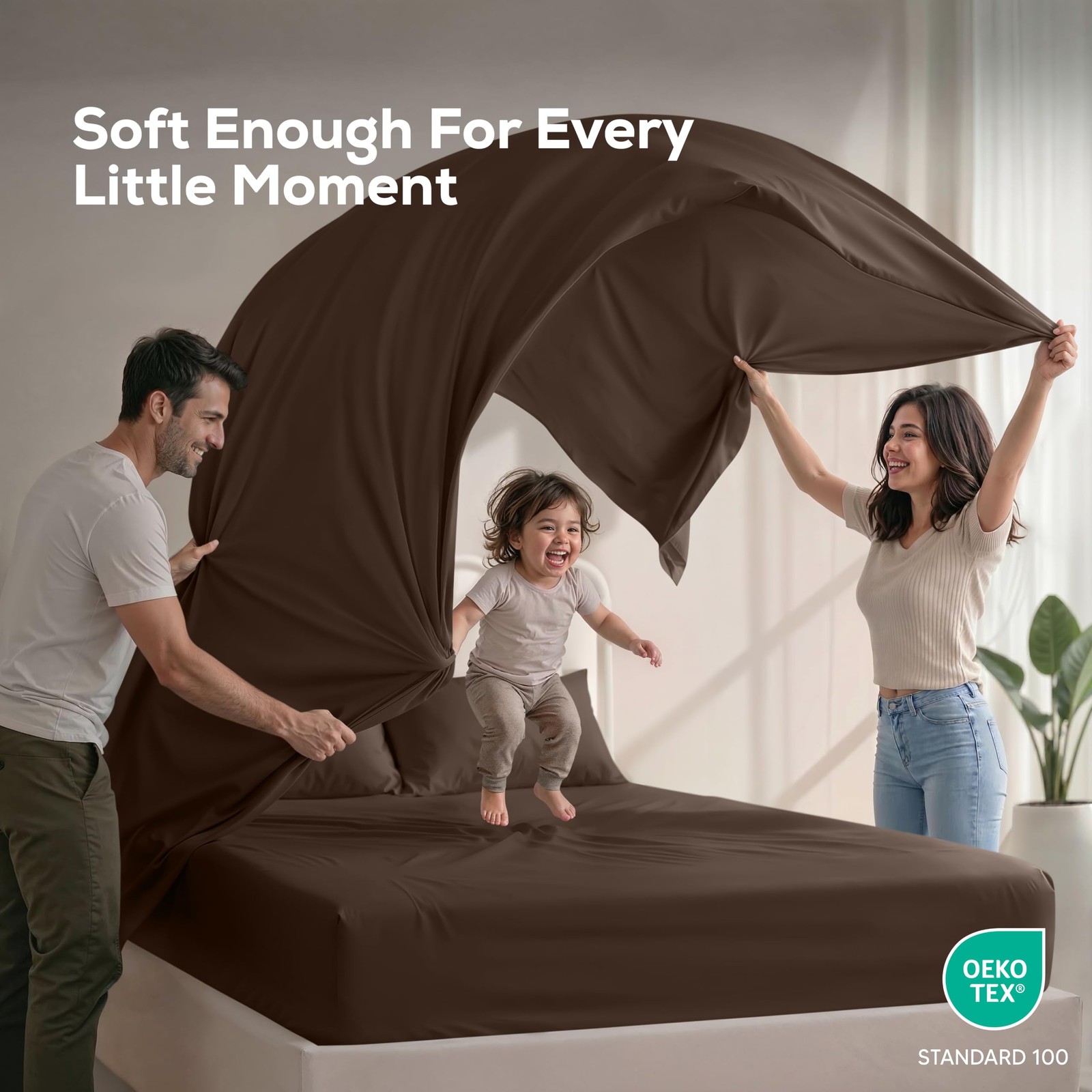 Full Sheets Set, 4 Pieces 16" Deep Pocket Hotel Luxury Bed Sheets, Brown