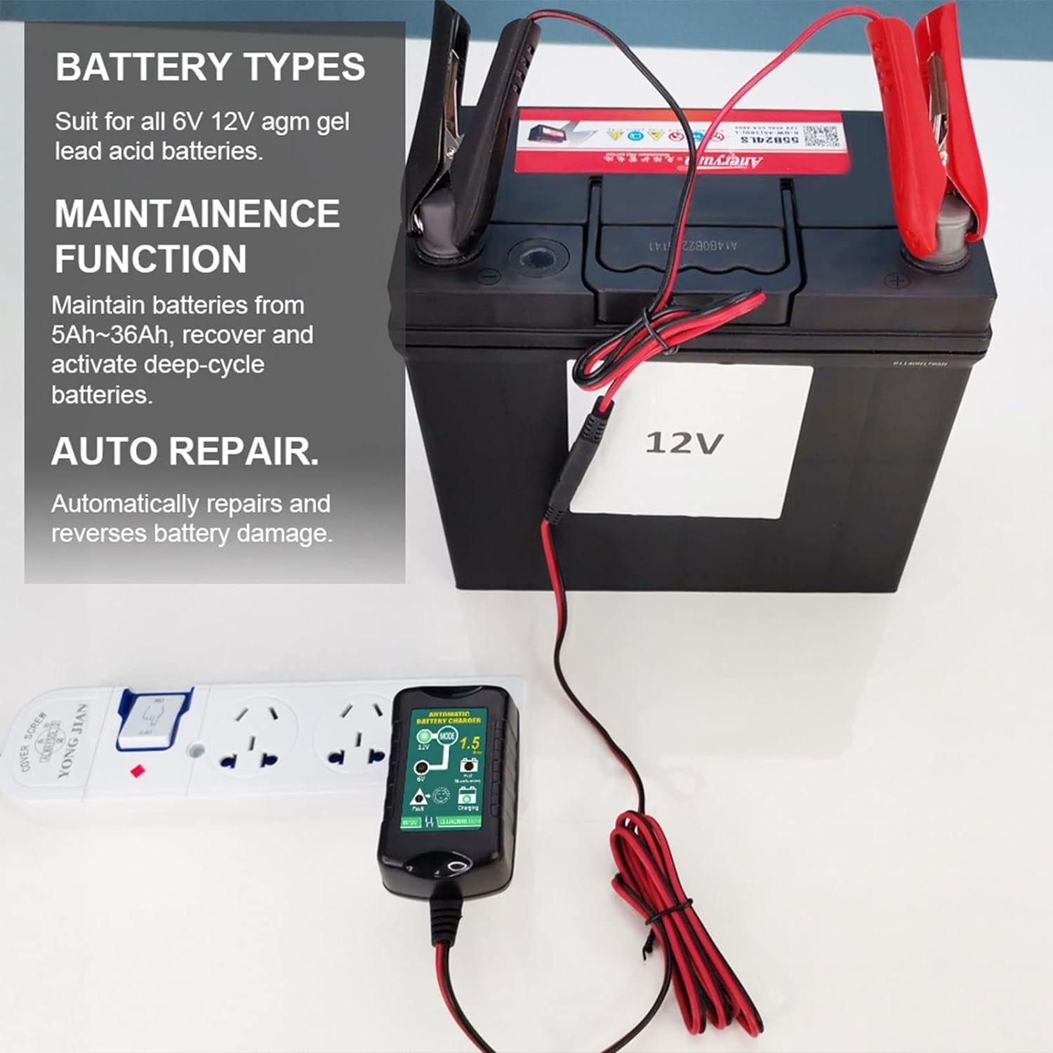 12V / 6V Battery Trickle Charger Maintainer, 1.5A Automatic Smart Float Black