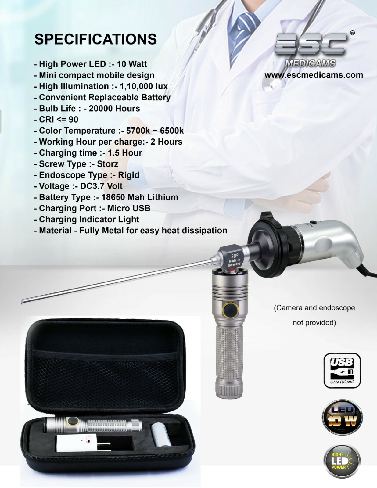 USB Endoscopy Camera HD w/ Portable Cold LED Light Source for Rigid Endoscopes