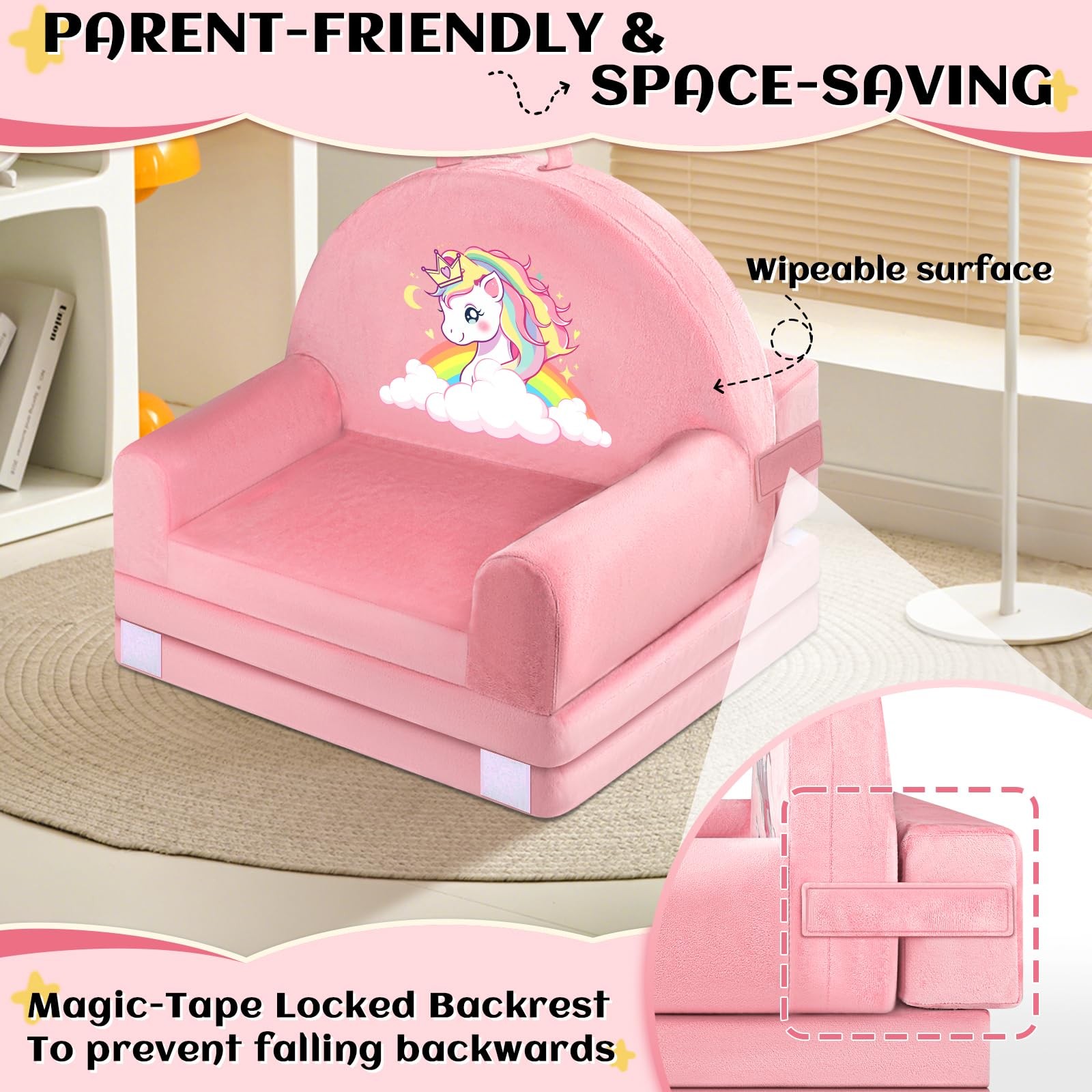 Unicorn Kids Sofa Bed with Removable Washable Cover & ​​Hook and Loop​​ Backr...