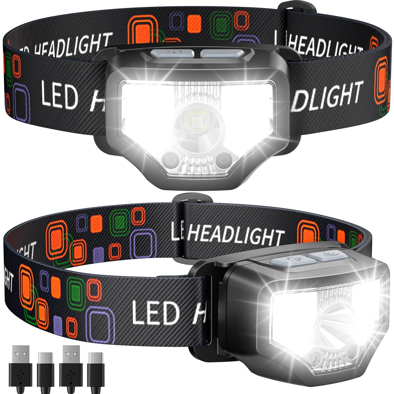 GETASI Headlamp Rechargeable 2PCS, 1200 Lumen Super Bright LED 2-PACK, Black
