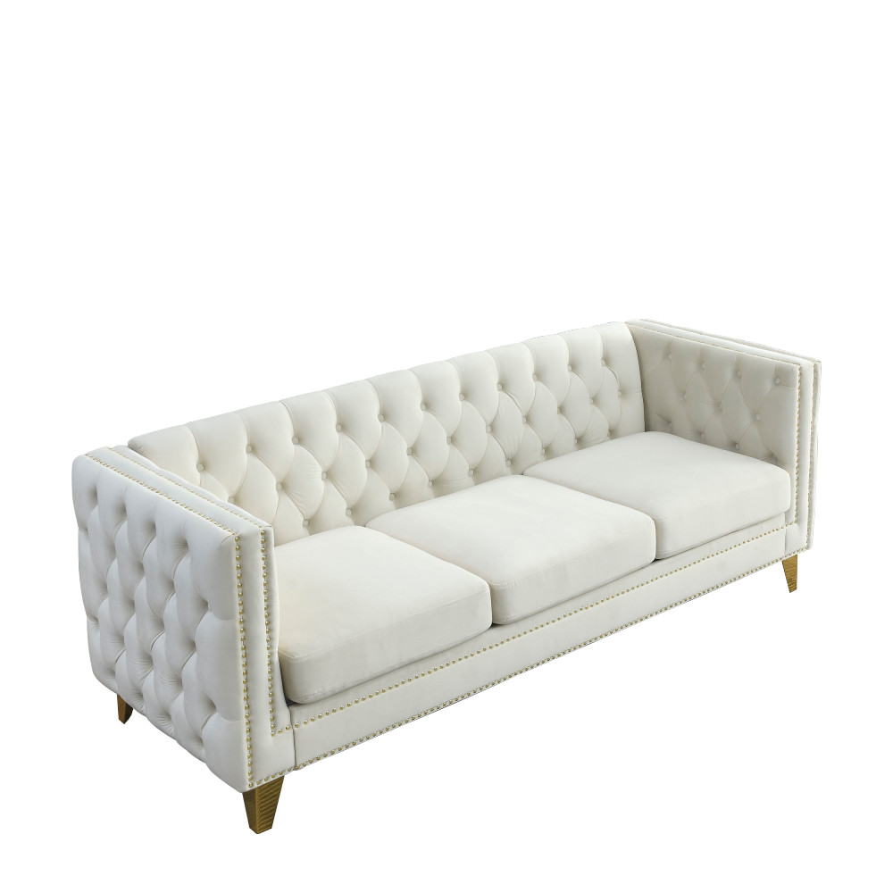 Velvet Sofa 3-Seater Tufted Chesterfield w/ Metal Legs Beige