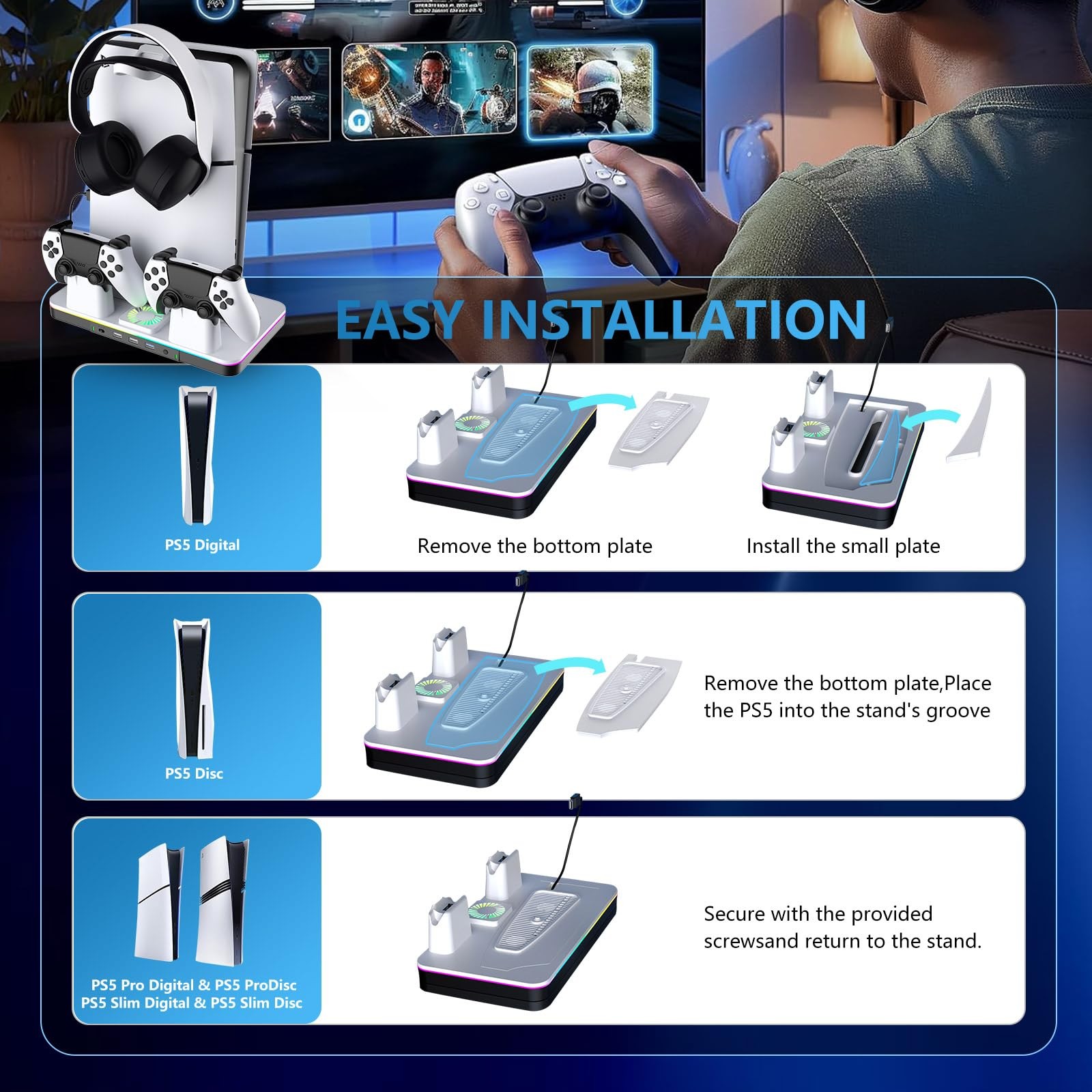 PS5/Pro/Slim Stand and Cooling Station with Dual Controller White(digital)